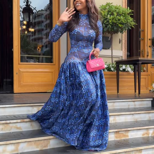 Blue Floral Long Sleeve Maxi Dress