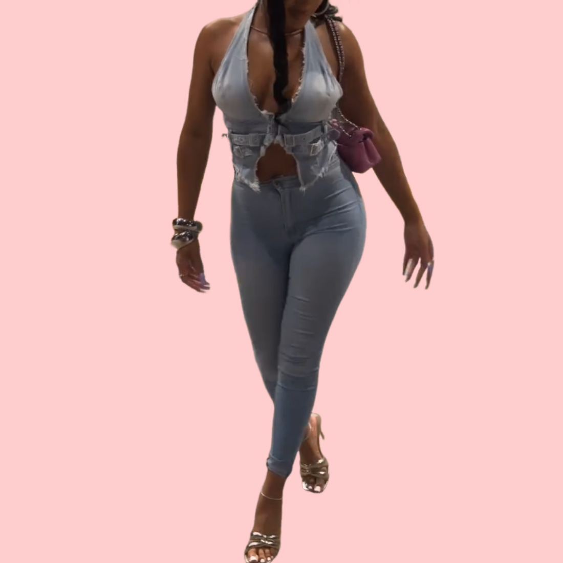 Washed Denim Fringe Vest & Pants Set