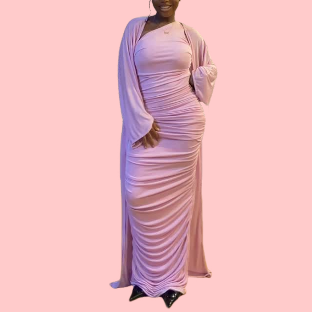 Pink Off-Shoulder Pleated Maxi Dress + Cape Set