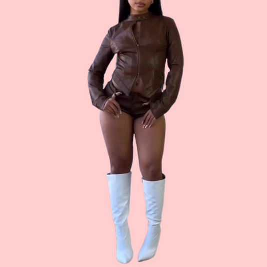 Leather Zipper Jacket & Shorts Set