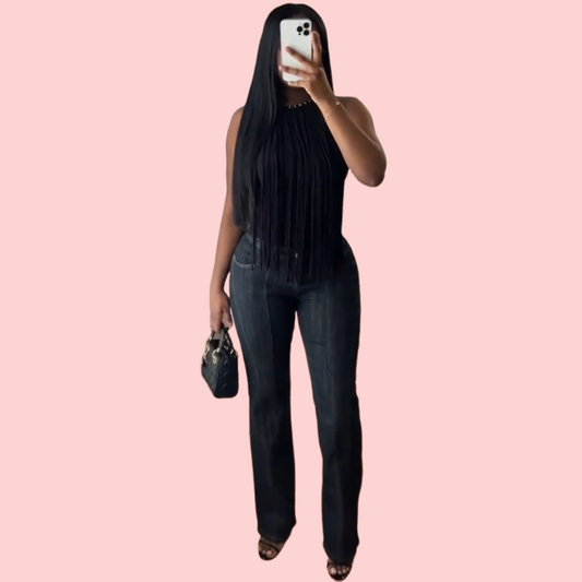 Black Sleeveless Fringed Top & Skinny Jeans Set