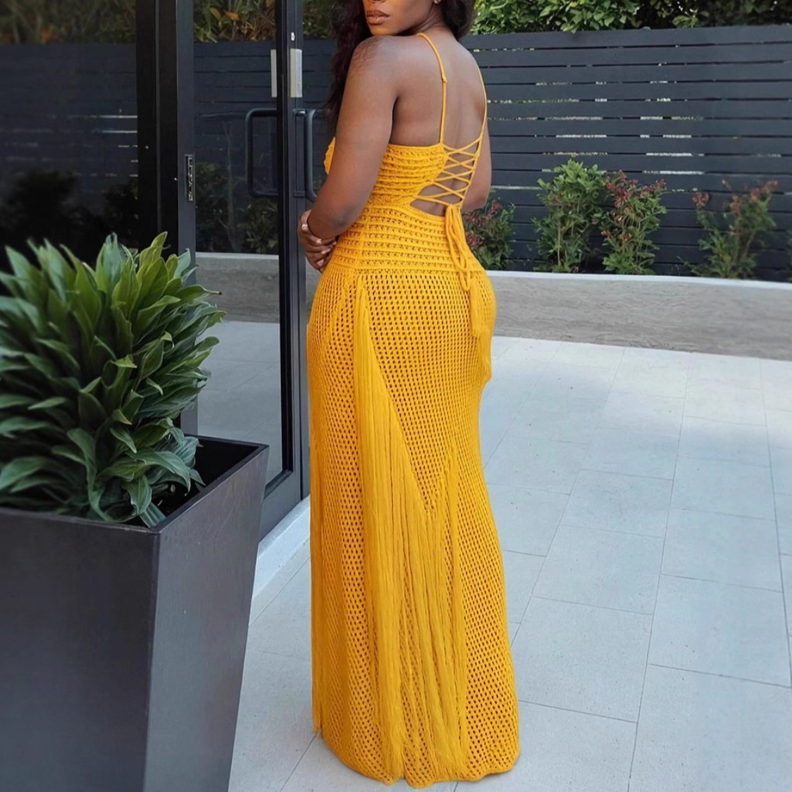 Solid-Color Cutout Fringe Halter-Neck Maxi Dress