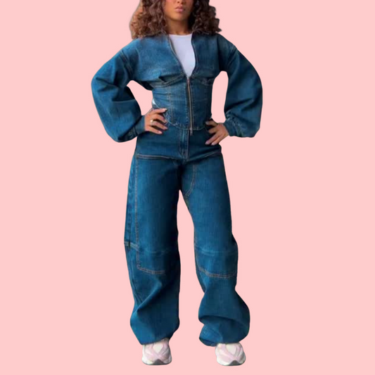 Denim Zipper Jacket & Wide-Leg Pants Set