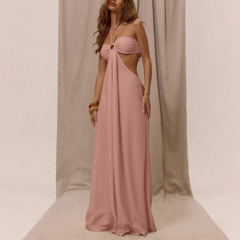 Solid-Color Lace-Up Strapless Loose-Fit Jumpsuit