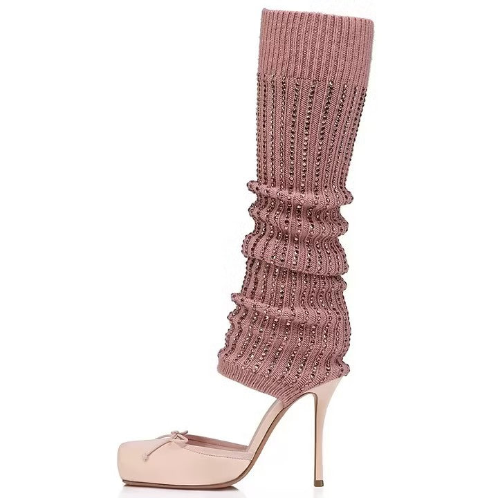 Stylish Pink Rhinestone Knitted Leg Warmer Stiletto Heeled Boots