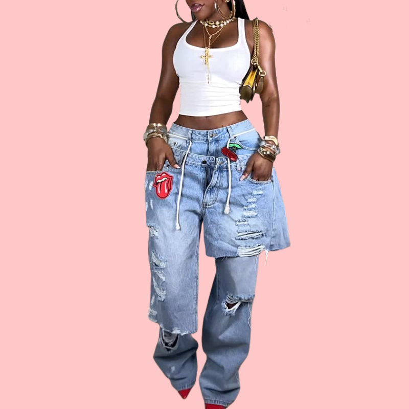 Blue Denim Destroyed Embroidered Pants