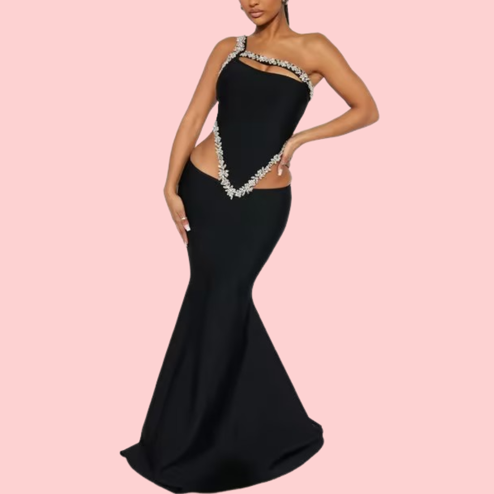 Black Rhinestone One-Shoulder Lace-Up Maxi Dress