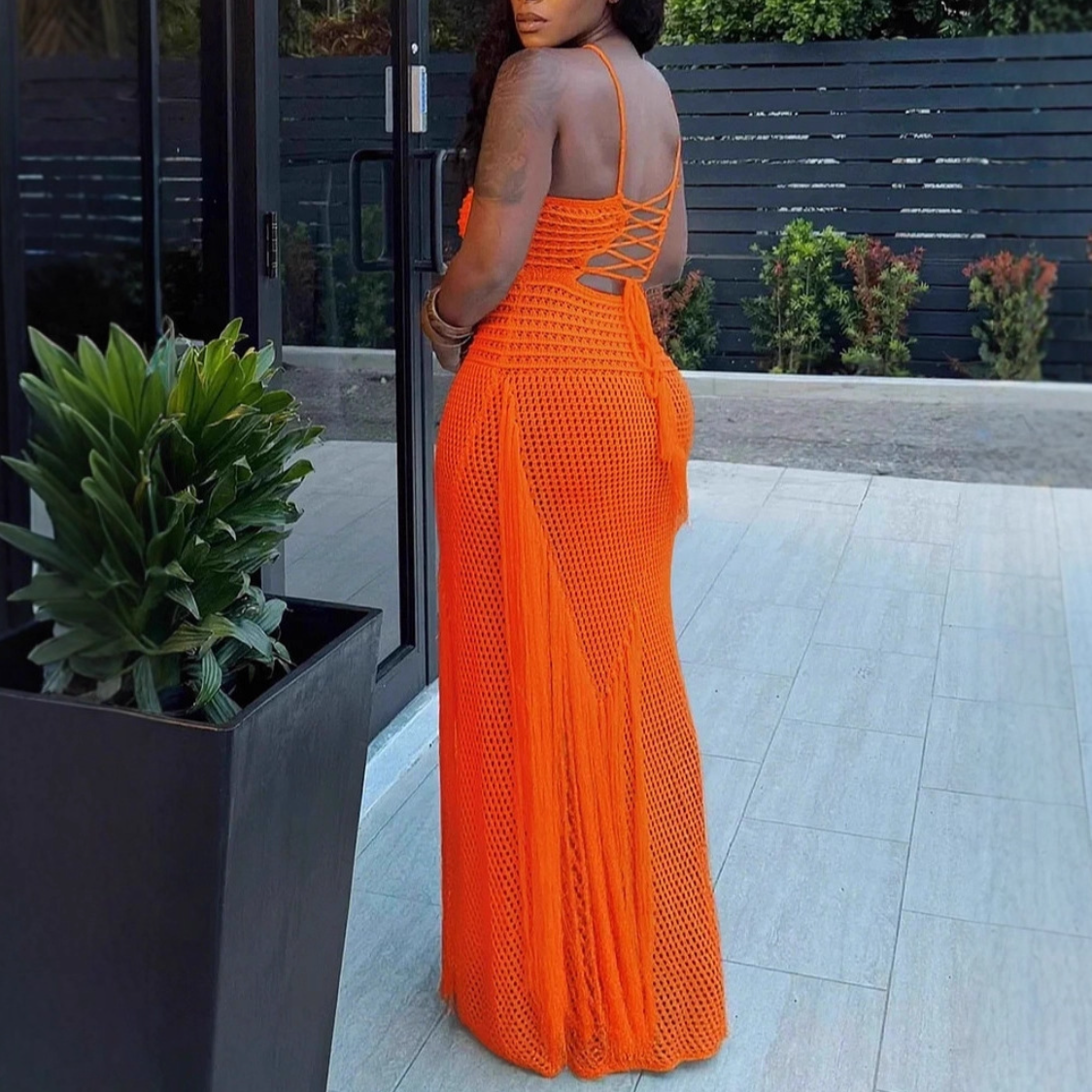 Solid-Color Cutout Fringe Halter-Neck Maxi Dress