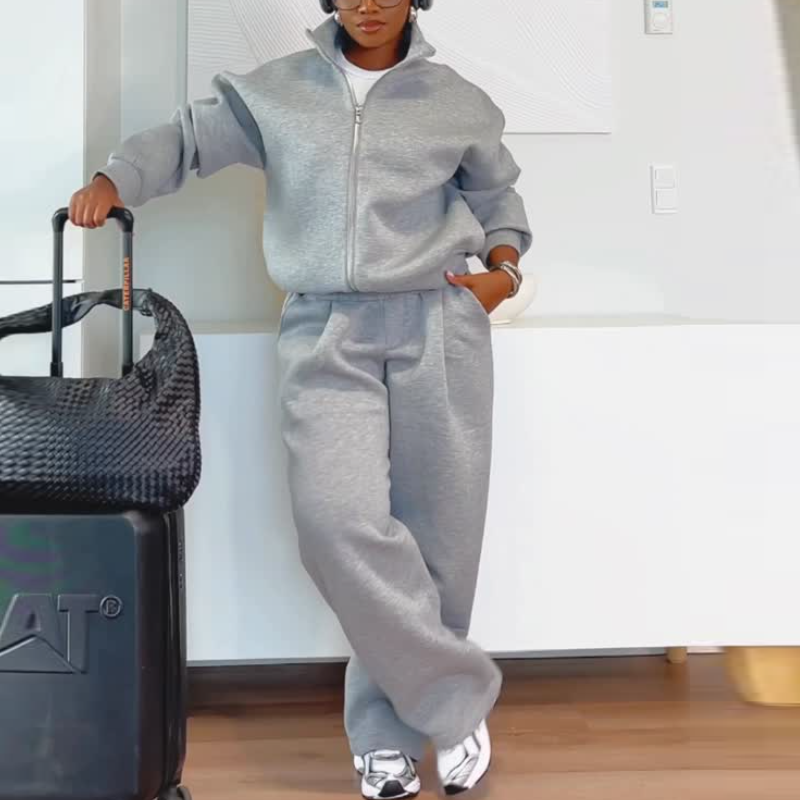 Gray Stand-Up Collar Hoodie Two-Piece Set