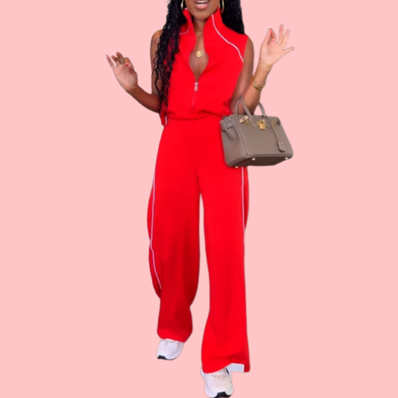 Red Half-Zip Sleeveless Jumpsuit