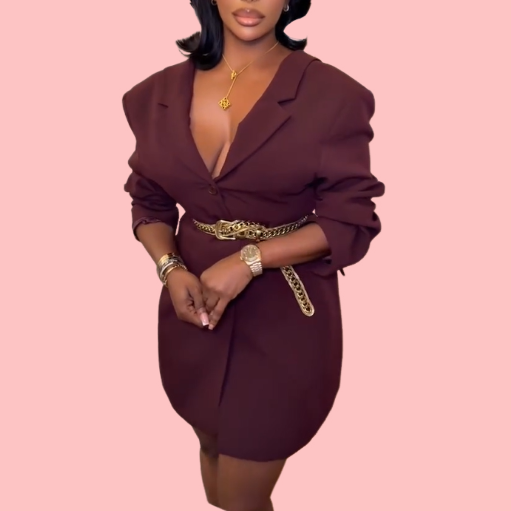 Burgundy V-Neck Blazer Dress + Gold Metallic Belt