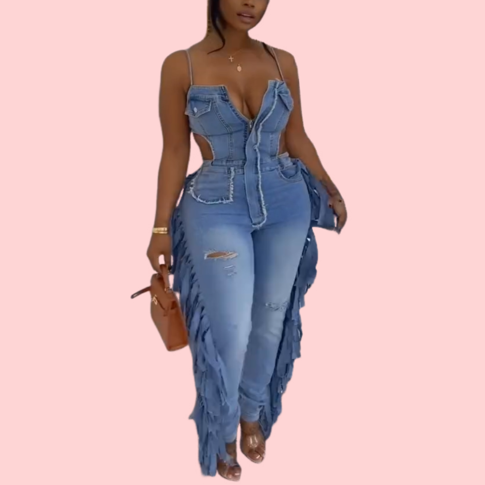 Blue Denim Distressed Fringe Jumpsuit