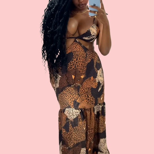 Leopard Print Halter Cutout Maxi Dress