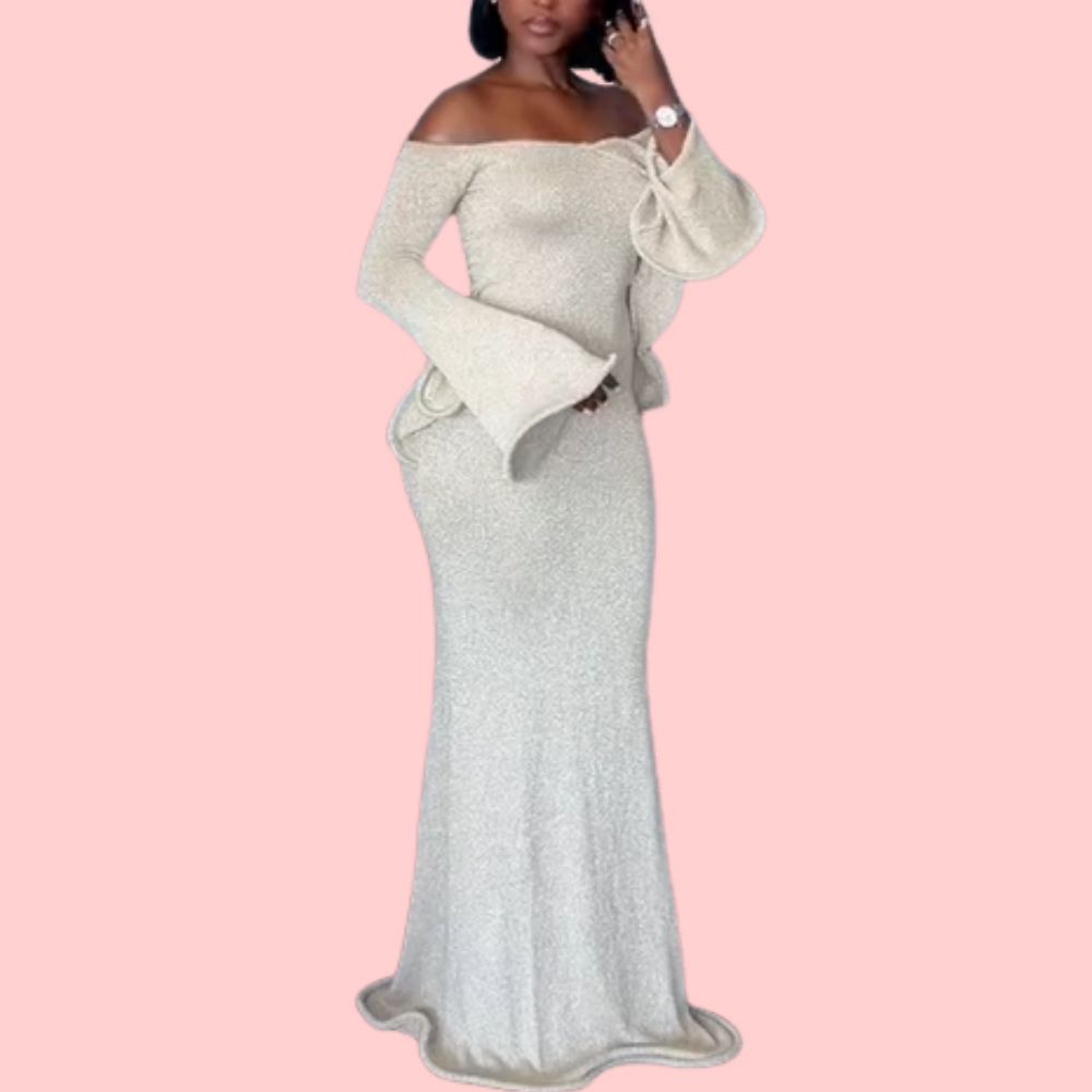 White Knit Strapless Bell-Sleeve Maxi Dress