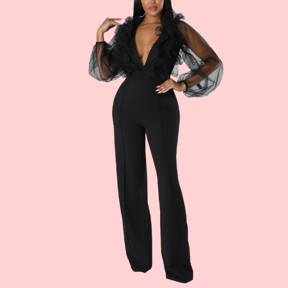 Mesh Lantern Sleeve Jumpsuit