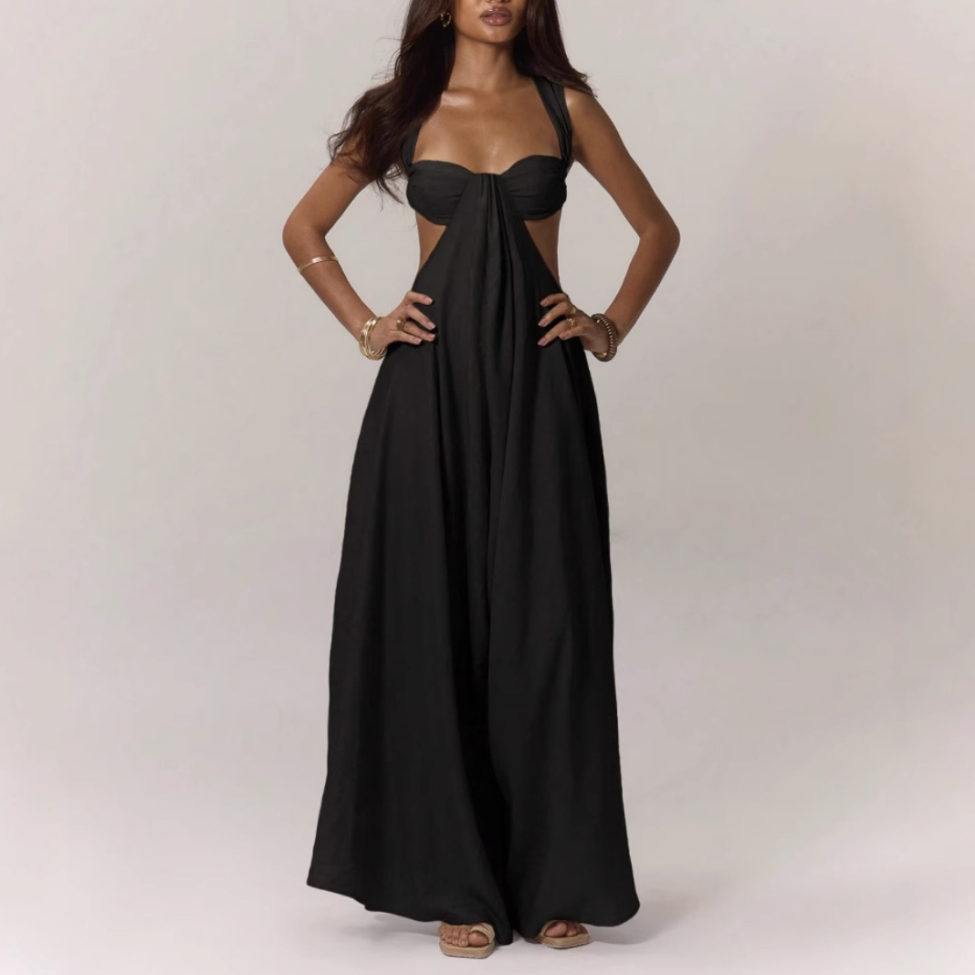 Solid-Color Lace-Up Maxi Dress