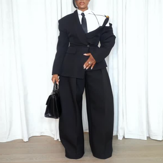Black One-Shoulder Blazer & Trouser Suit