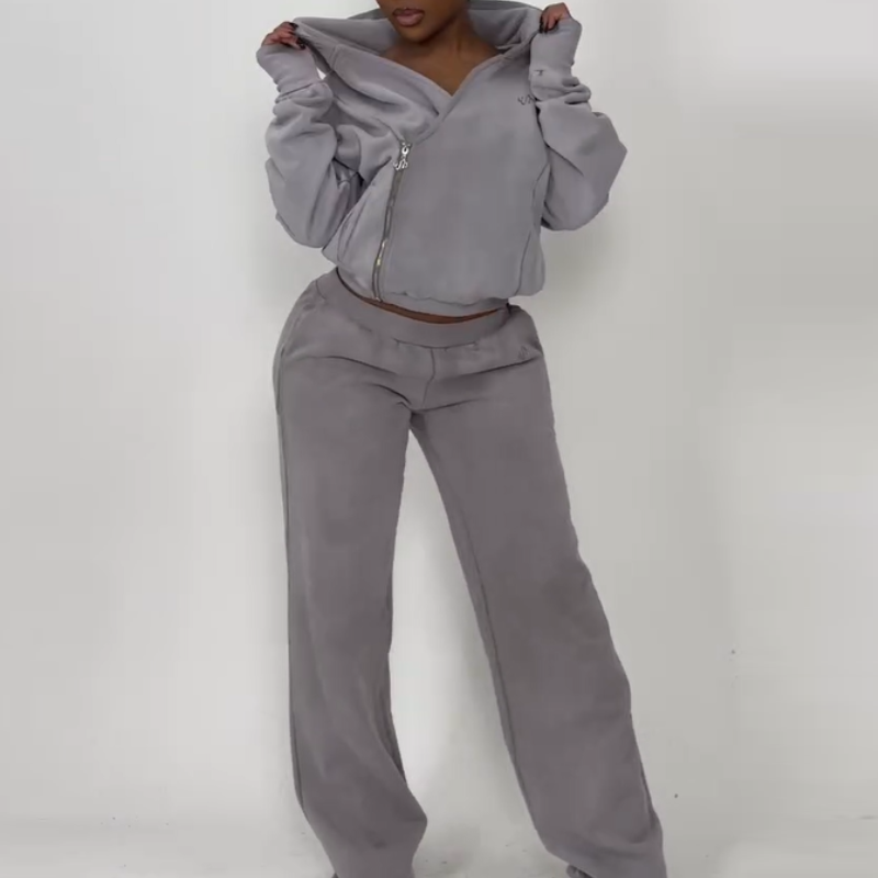 Hooded Zipper Sweatshirt Two-Piece Set