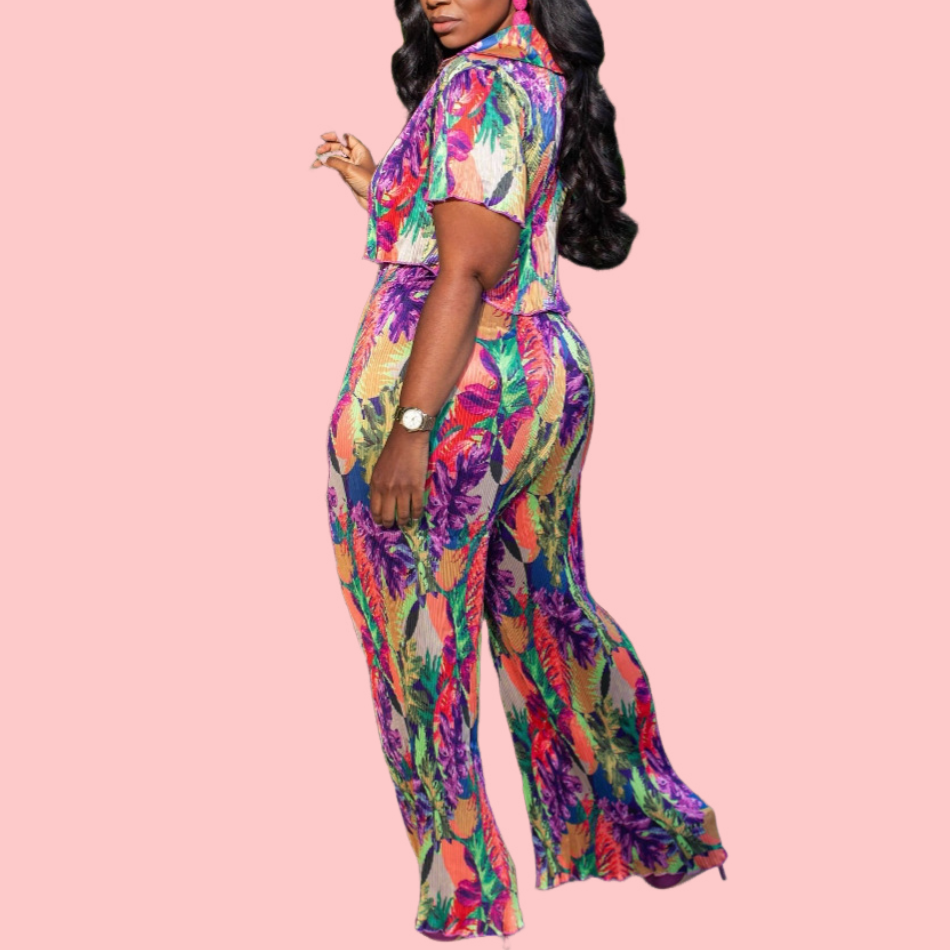 Colorful Floral Print Pleated Shirt & Pants Set