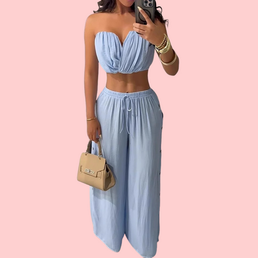 Solid Color Sheath Top & Wide Leg Pants Set
