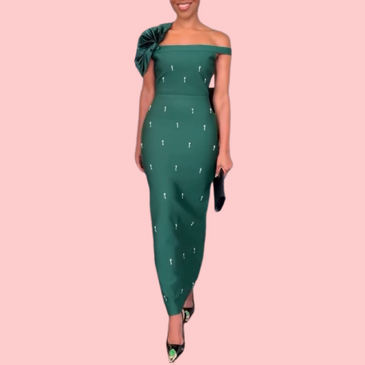Green One-Shoulder Rhinestone Evening Dress