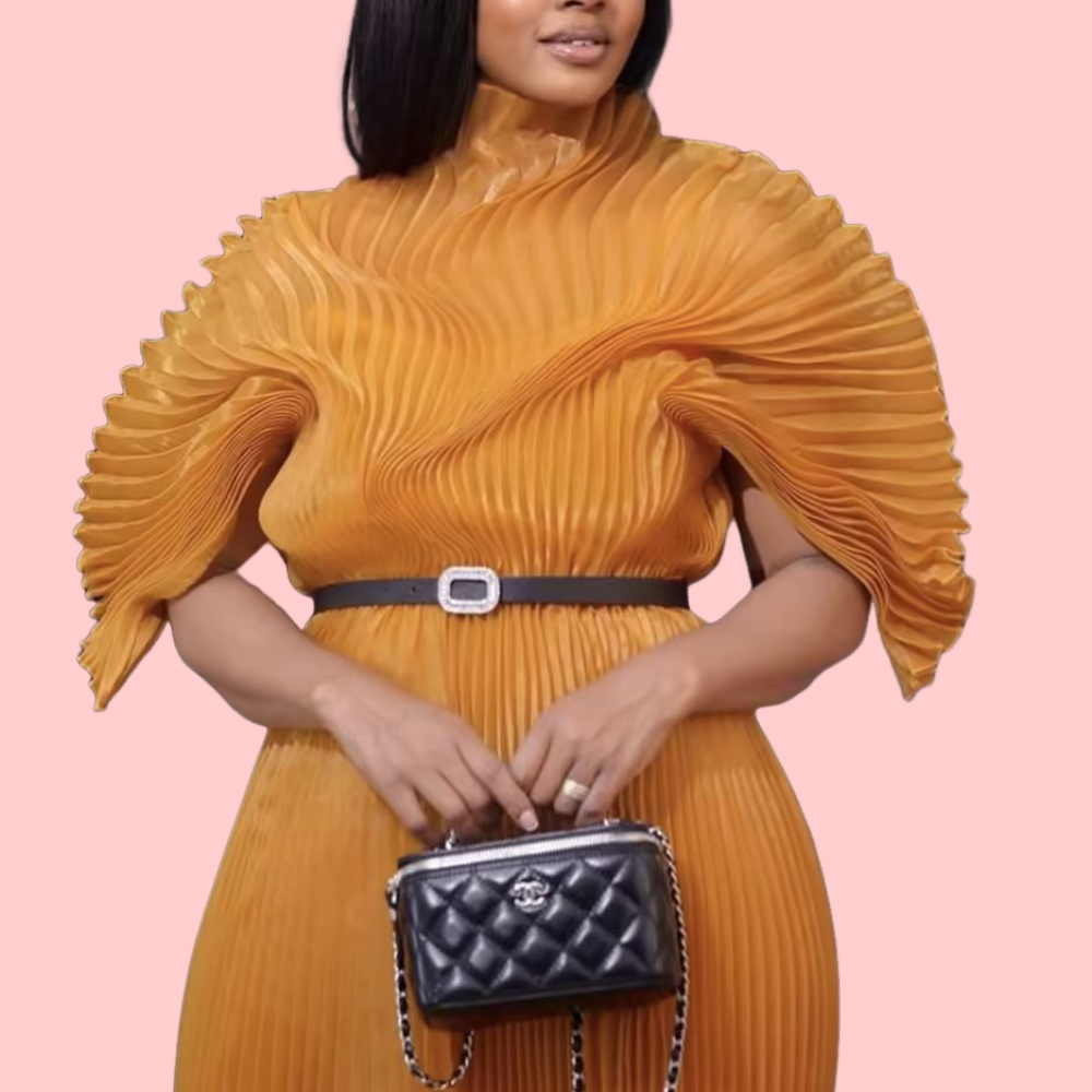 Yellow Pleated Bubble-Sleeve Maxi Dress