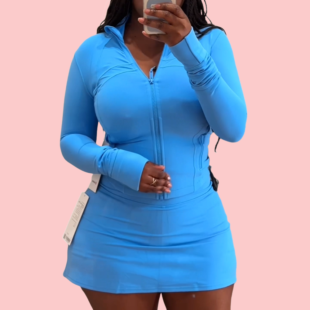 Blue Yoga Zipper Jacket & Skirt Set