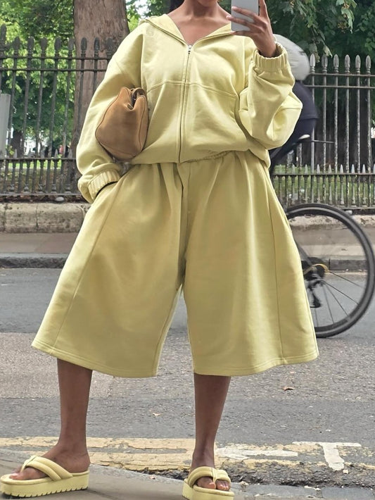 Yellow Hooded Sweatshirt & Wide-Leg Pants Set