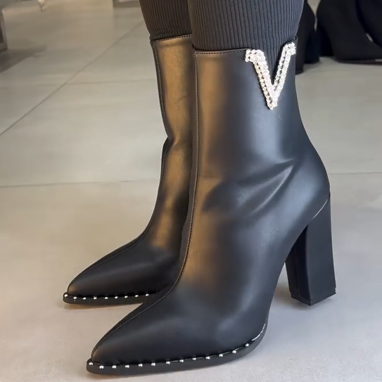 V-shaped Rhinestone Leather Boots