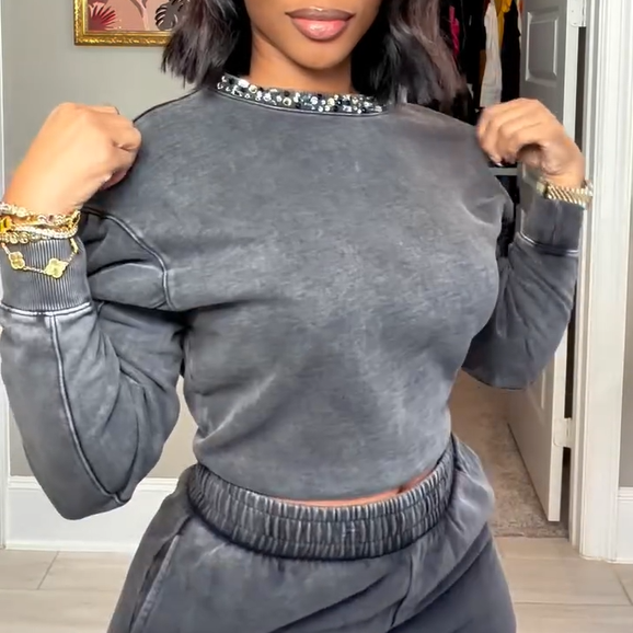 Rhinestone Collar Washed Hoodie Set