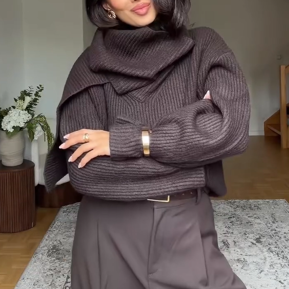 Brown Knit Sweater with Scarf