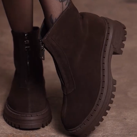 Coffee-Brown Zipper Thick-Soled Boots