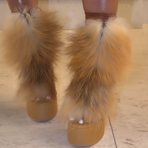 Khaki Faux Fur Strap High-Heel Sandals