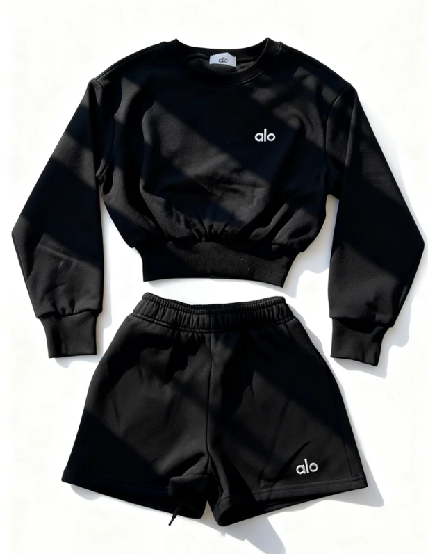 Black Crew Neck Long-Sleeve Sweatshirt + Drawstring Shorts