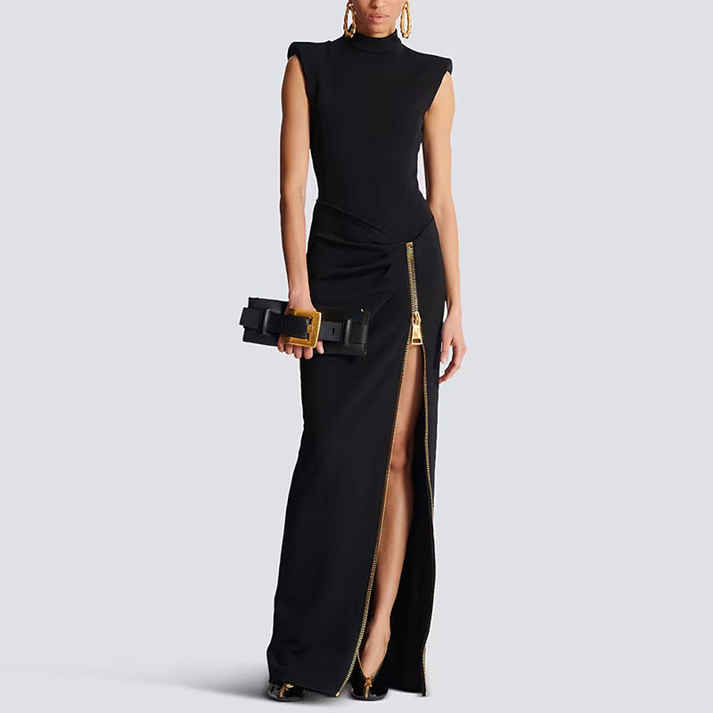 Black Zipper-Slit Maxi Dress