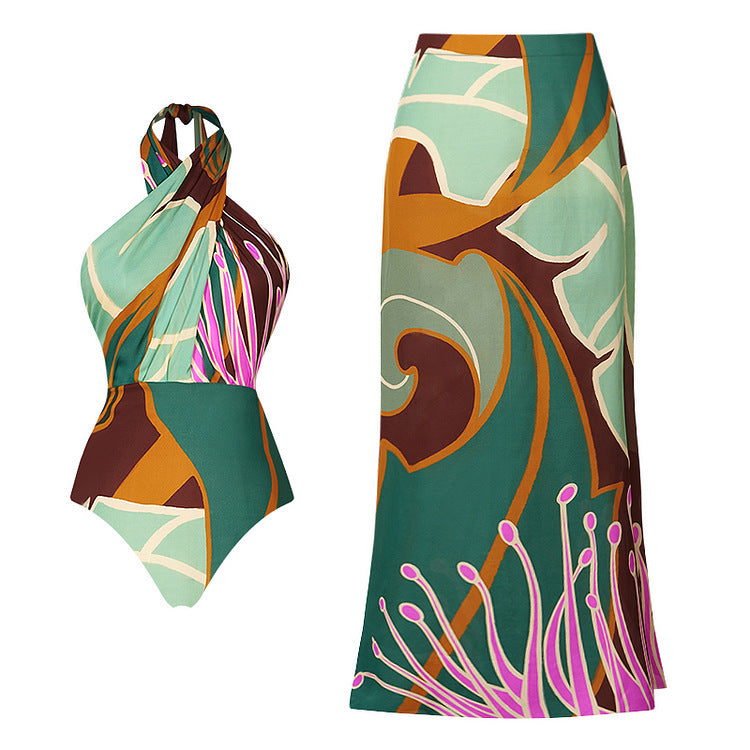 Floral One-Piece Swimsuit + Skirt Set