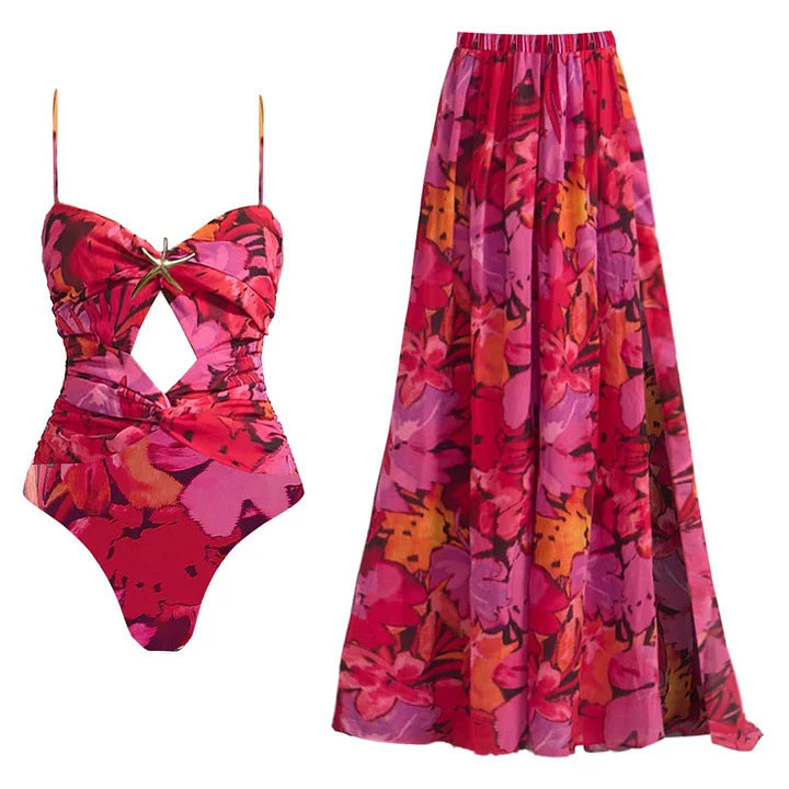 Floral One-Piece Swimsuit + Skirt Set
