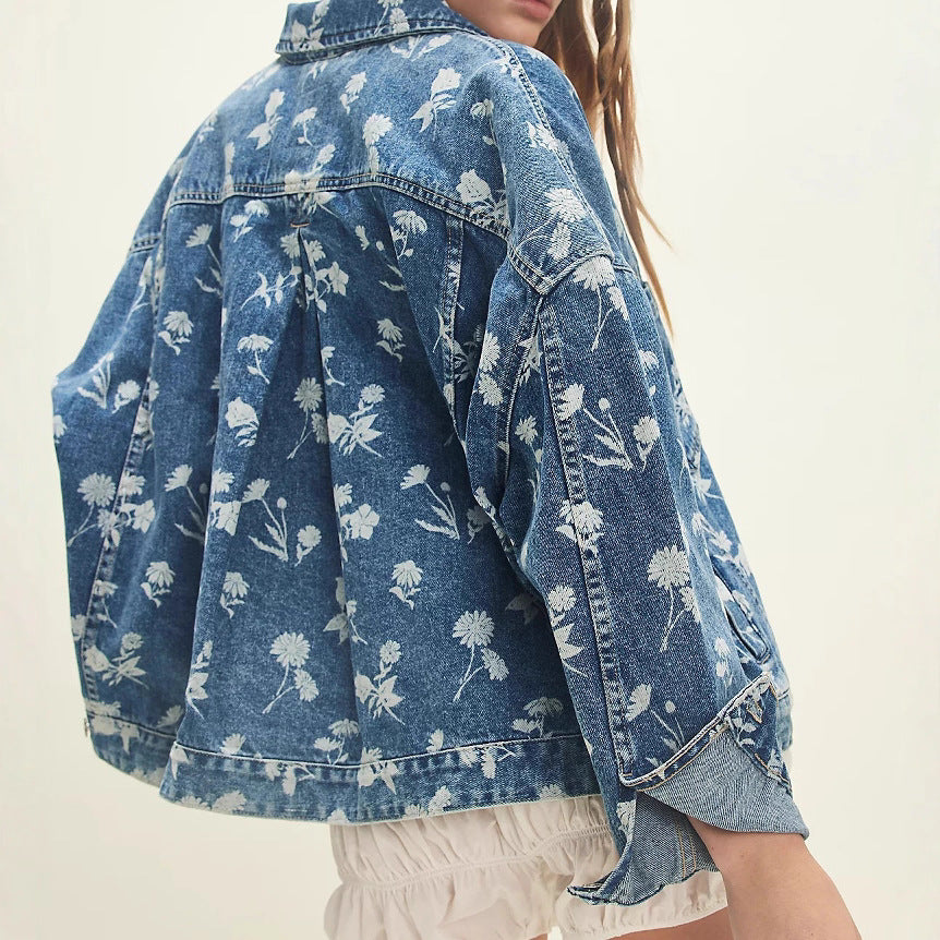 Blue Denim Floral Print Jacket