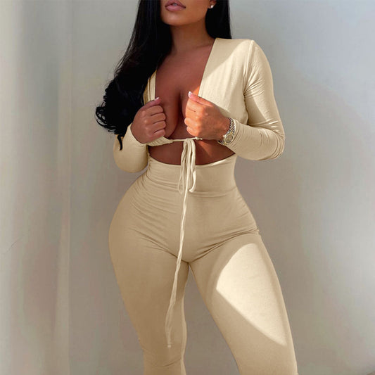 Solid Color Lace-Up Cutout Jumpsuit