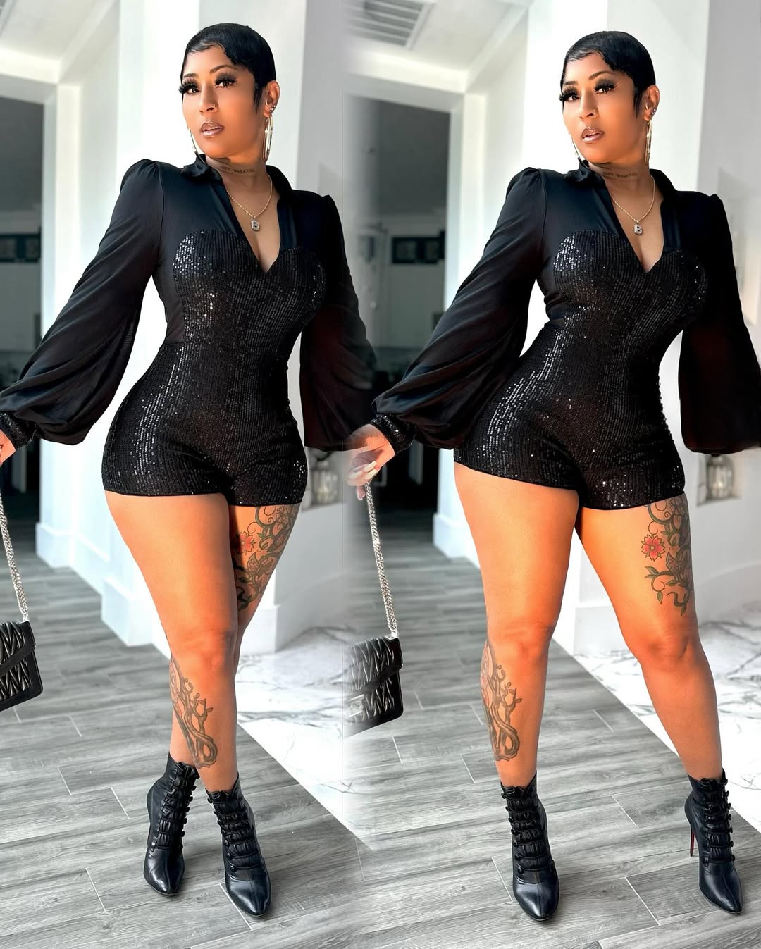 Black Sequin V-Neck Romper