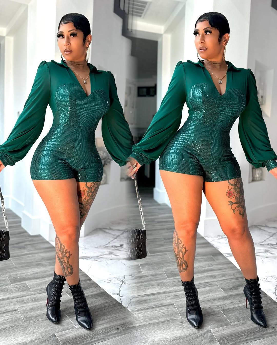 Black Sequin V-Neck Romper