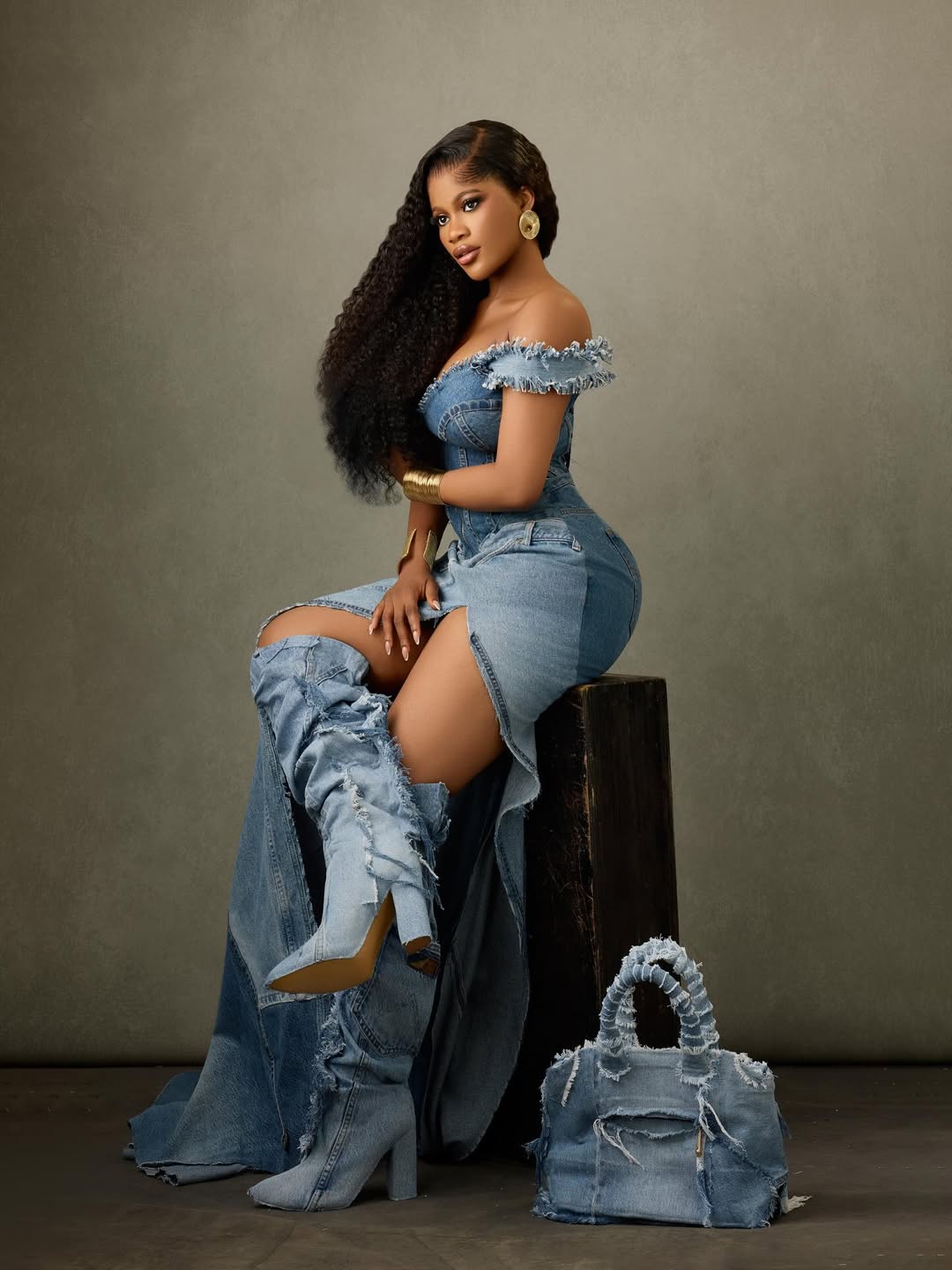 Denim Patchwork Zipper Maxi Dress