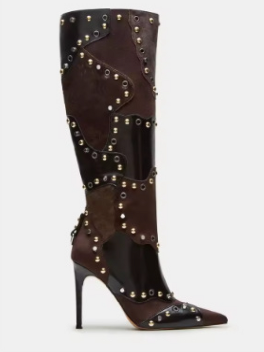 Studded Leather Patchwork High-Heel Boots