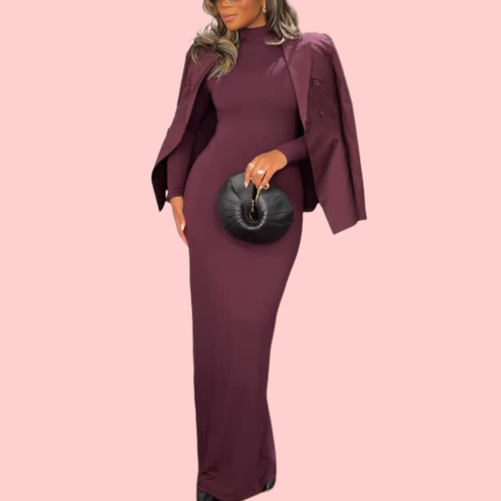 Burgundy Fitted Maxi Dress & Blazer