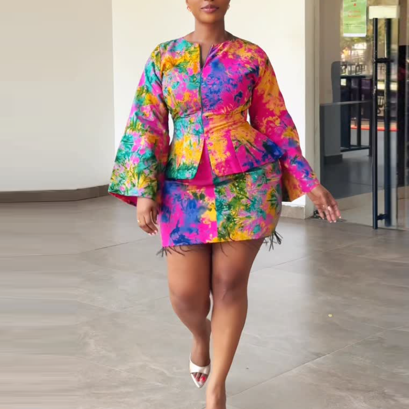 Tie-Dye Long-Sleeve Jacket & Fringe Skirt Set