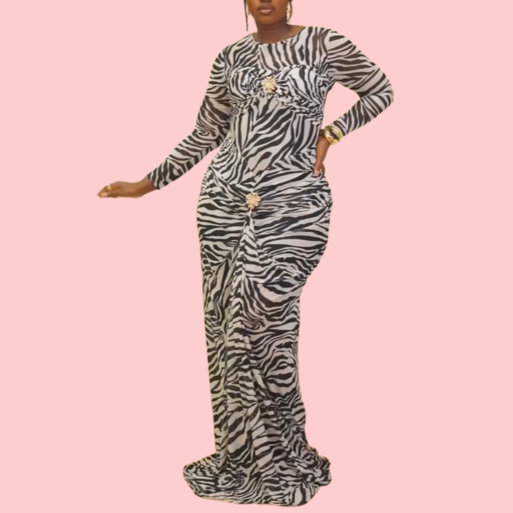 Zebra-Print Long-Sleeve Maxi Dress