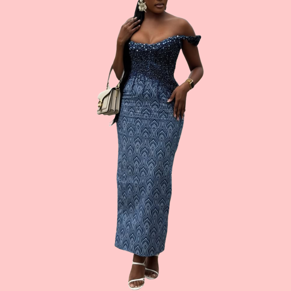 Blue Floral Strapless Pearl-Embellished Maxi Dress
