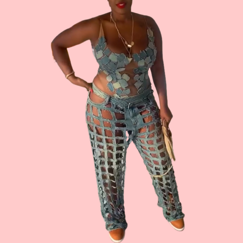 Denim Floral Hollow-Out Jumpsuit