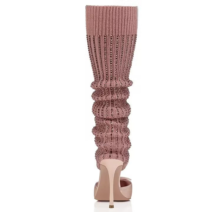 Stylish Pink Rhinestone Knitted Leg Warmer Stiletto Heeled Boots