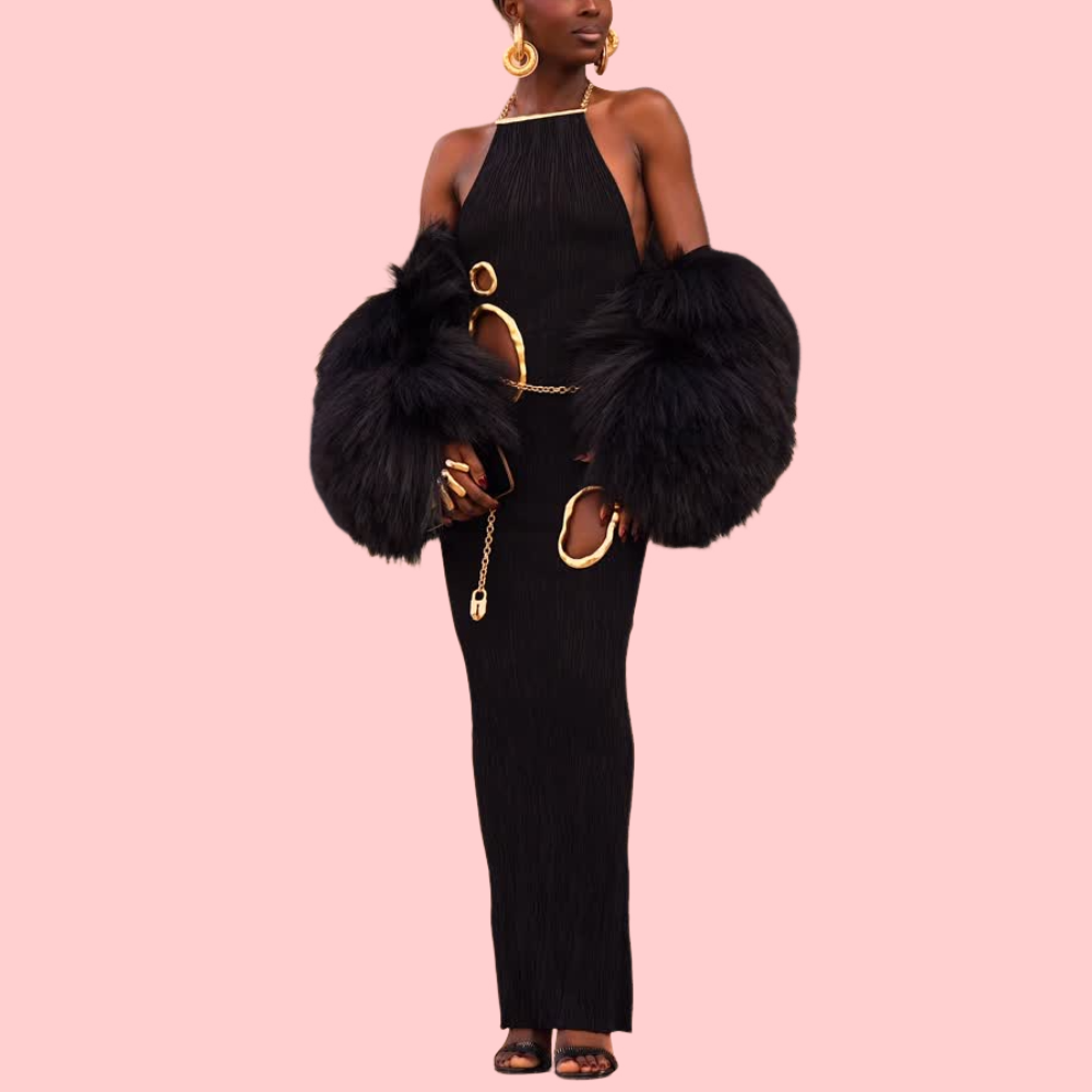 Black Lace-Up Neckline Maxi Dress